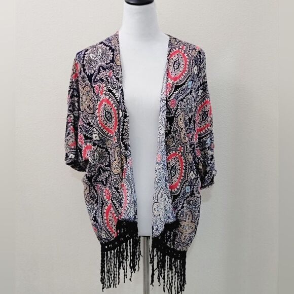 Moon Collection Boho Open-Front Cardigan Fringe Short Sleeve Crotchet Hem Size L - Picture 2 of 9